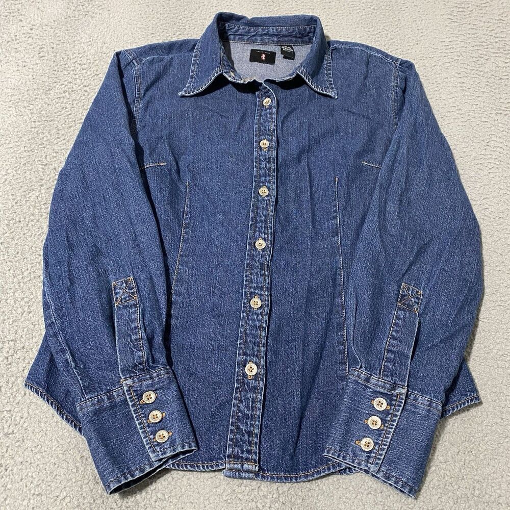 Vintage Levis Denim Shirt Womens Medium Blue Metal Button Long Sleeve Western